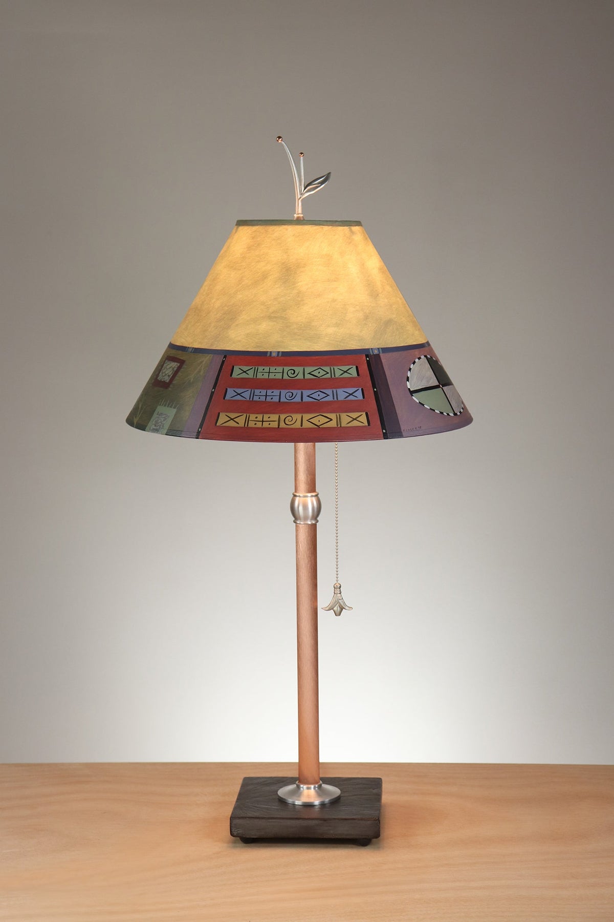 Janna Ugone &amp; Co Table Lamp Copper Table Lamp with Medium Conical Shade in Barcelona Border in Dusty Lime