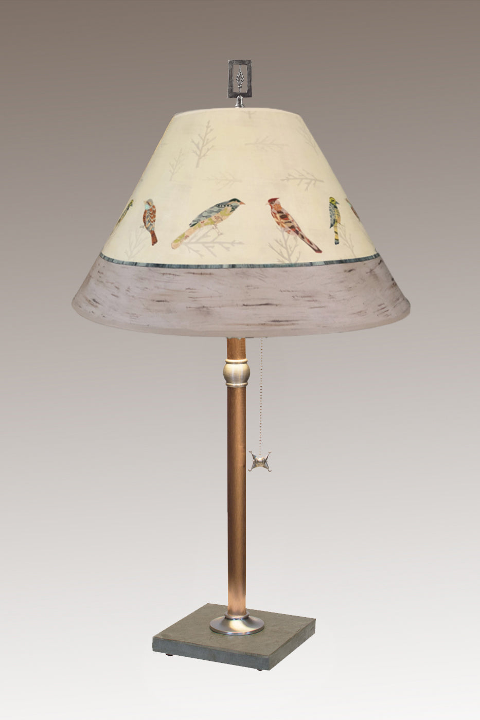 Copper Table Lamp with Medium Conical Shade in Bird Friends