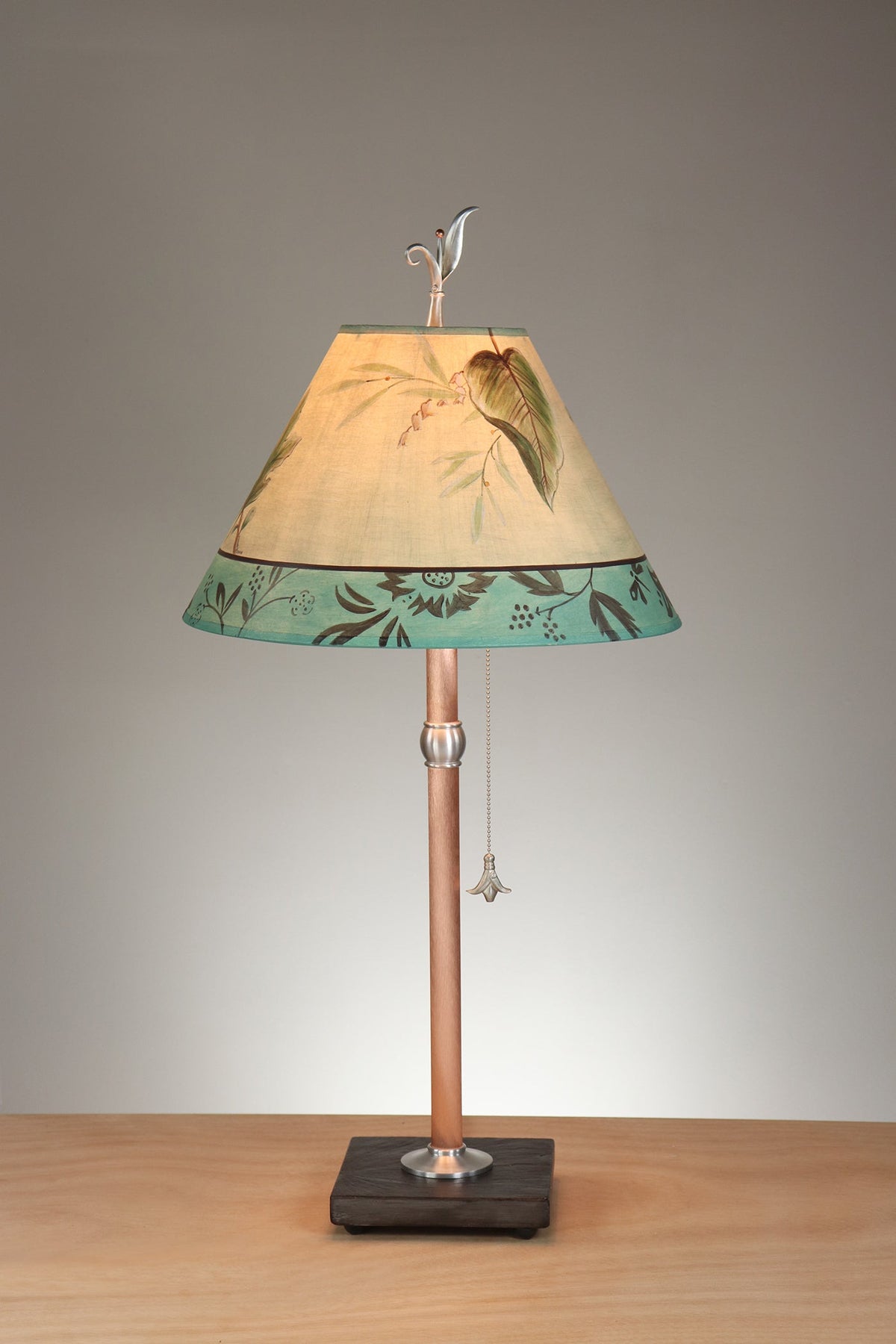 Janna Ugone &amp; Co Table Lamp Copper Table Lamp with Medium Conical Shade in Leaf Portrait in Moss Aqua