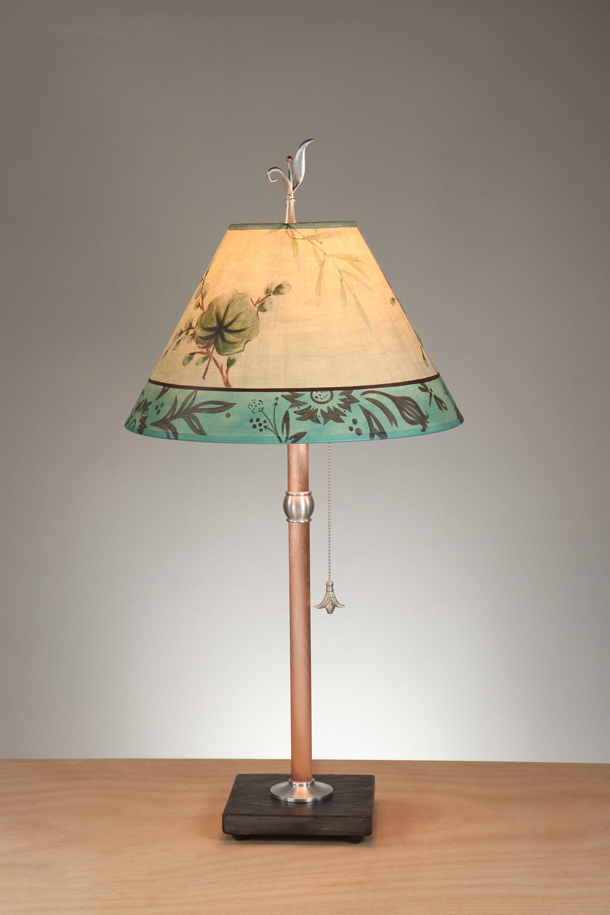 Janna Ugone &amp; Co Table Lamp Copper Table Lamp with Medium Conical Shade in Leaf Portrait in Moss Aqua