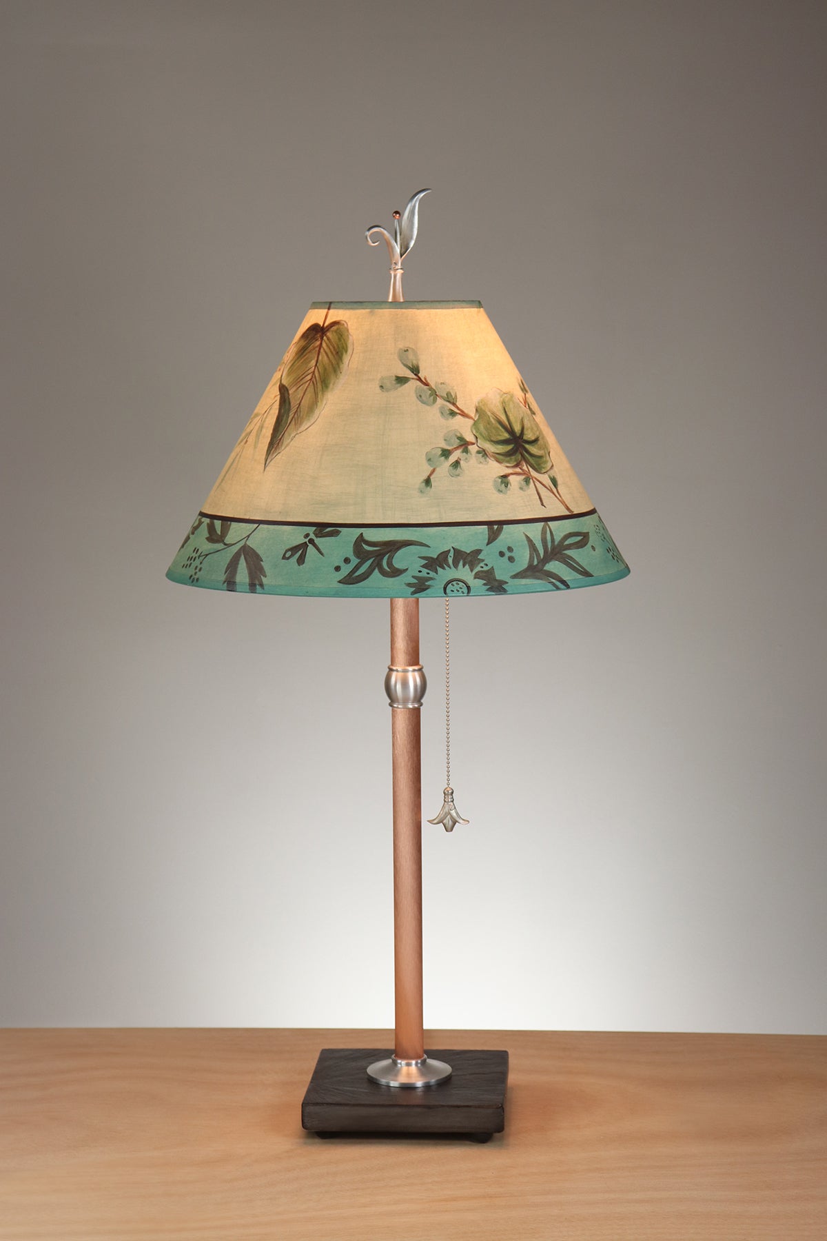 Janna Ugone &amp; Co Table Lamp Copper Table Lamp with Medium Conical Shade in Leaf Portrait in Moss Aqua