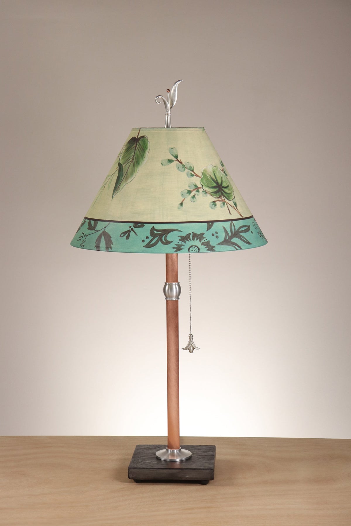 Janna Ugone &amp; Co Table Lamp Copper Table Lamp with Medium Conical Shade in Leaf Portrait in Moss Aqua