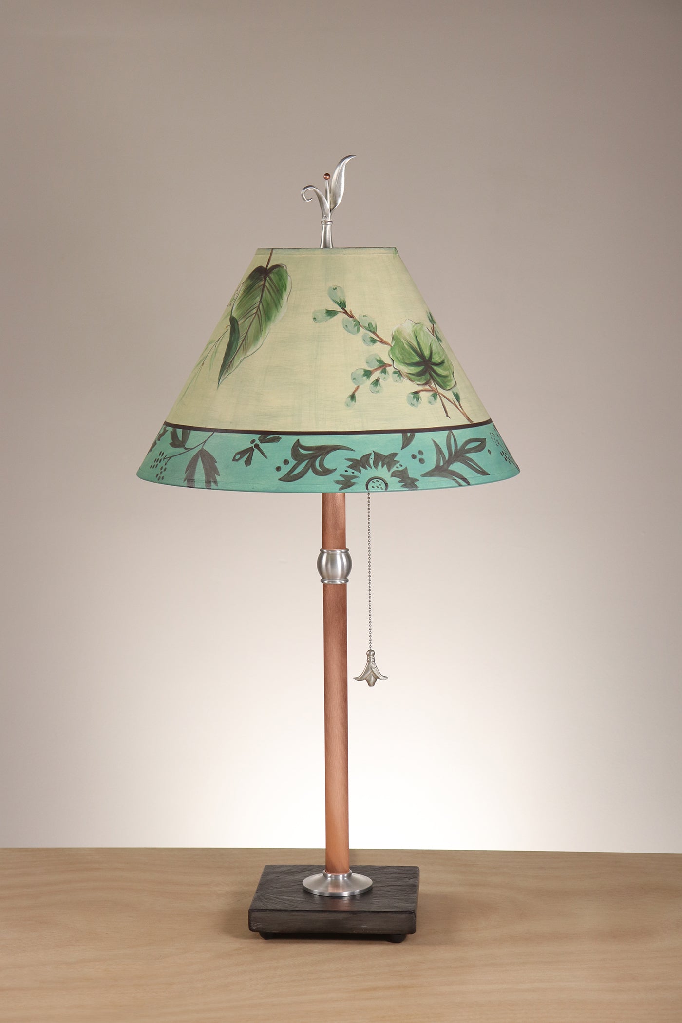 Janna Ugone & Co Table Lamp Copper Table Lamp with Medium Conical Shade in Leaf Portrait in Moss Aqua