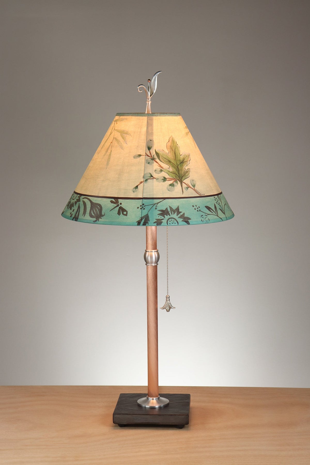 Janna Ugone &amp; Co Table Lamp Copper Table Lamp with Medium Conical Shade in Leaf Portrait in Moss Aqua