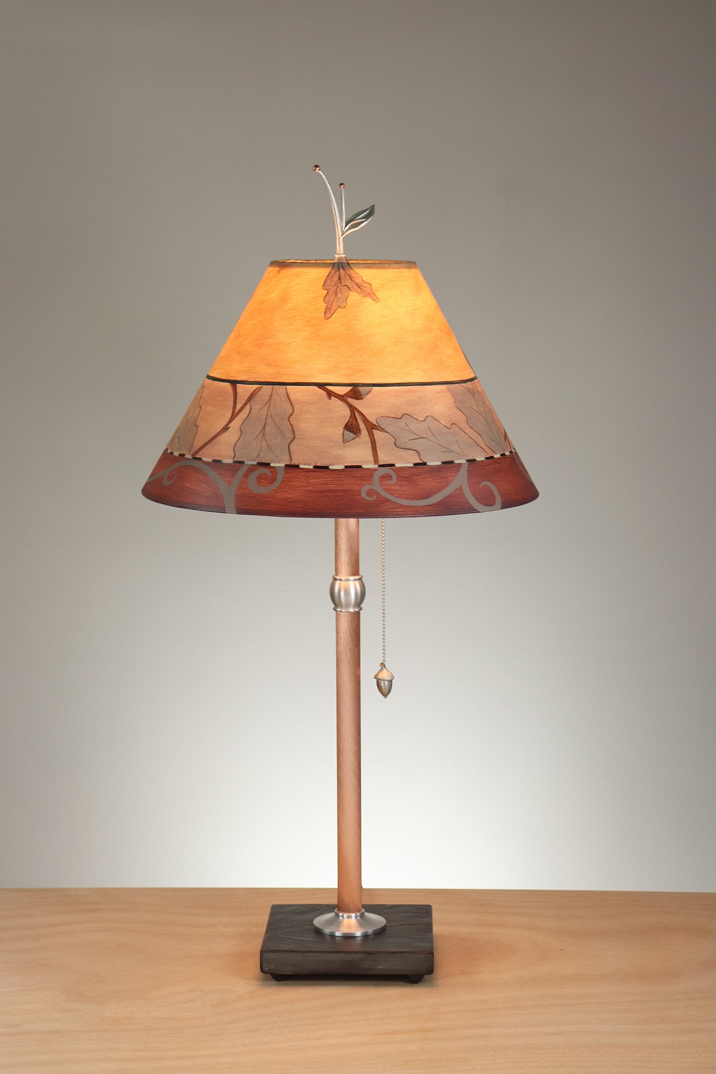 Copper Table Lamp with Medium Conical Shade in Oak Border in Gold