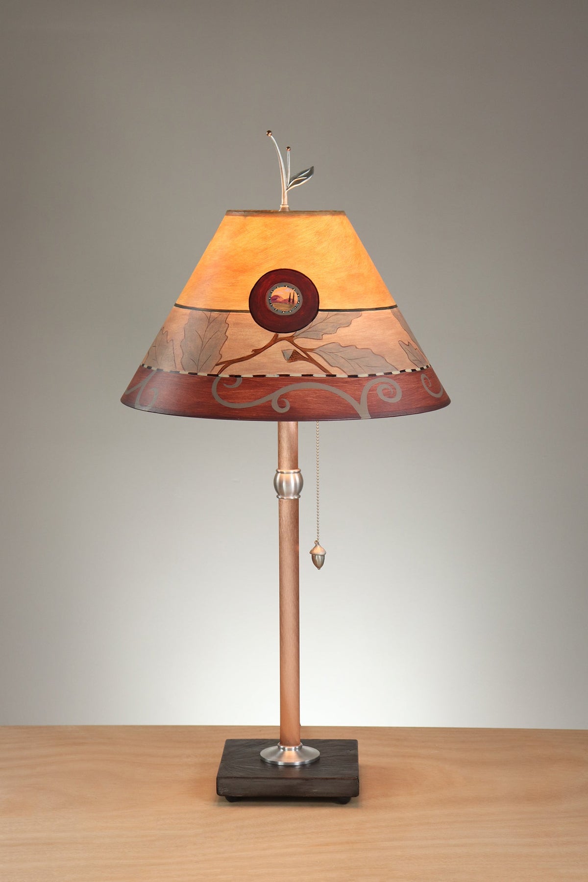 Janna Ugone &amp; Co Table Lamp Copper Table Lamp with Medium Conical Shade in Oak Border in Gold