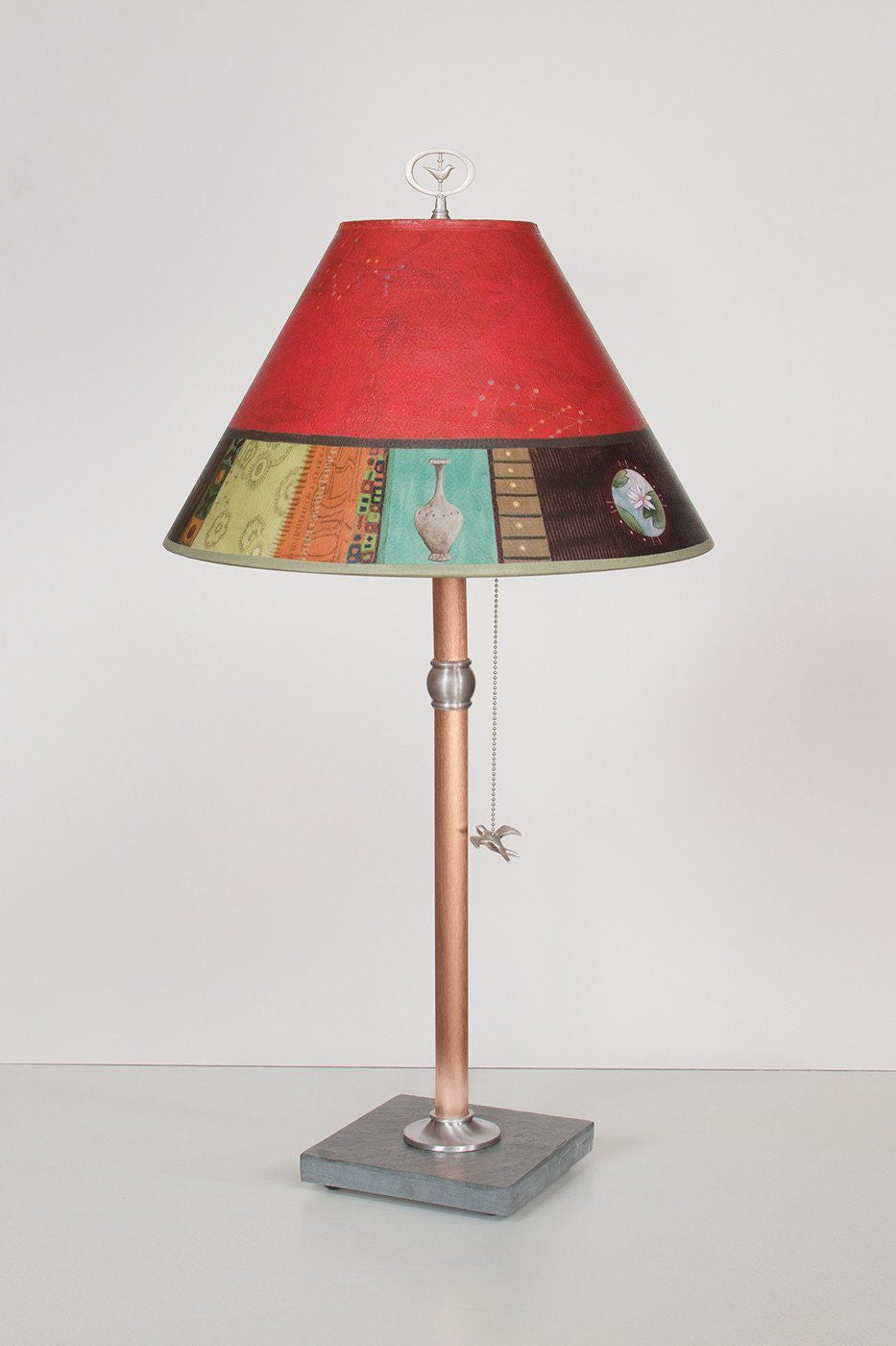 Copper Table Lamp with Medium Conical Shade in Red Match