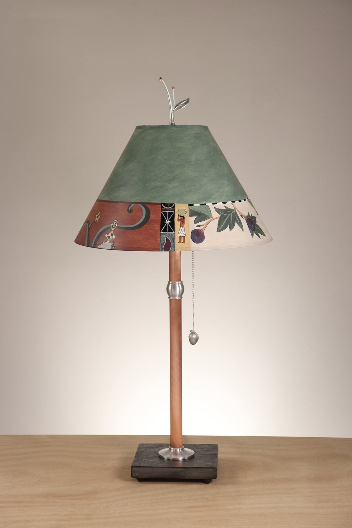 Janna Ugone &amp; Co Table Lamp Copper Table Lamp with Medium Conical Shade in Textile Patterns in Hunter