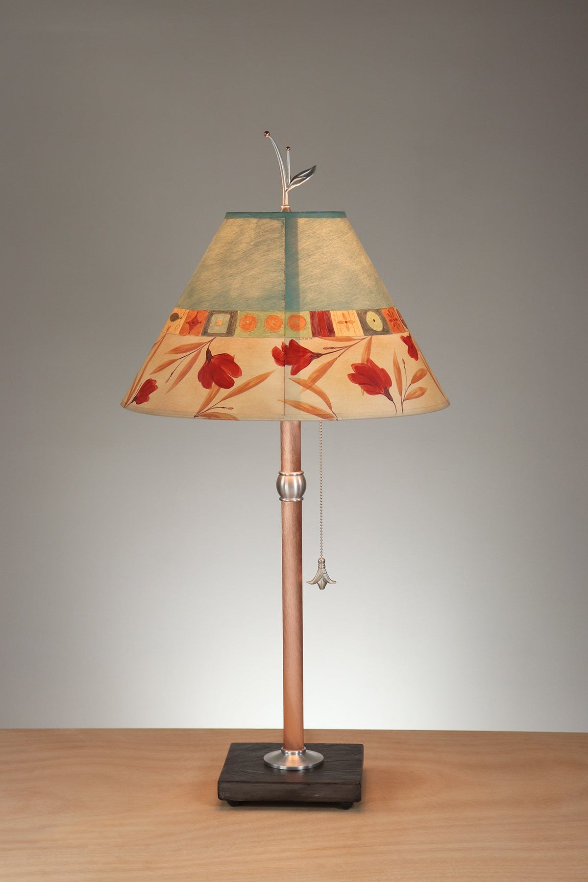 Janna Ugone &amp; Co Table Lamp Copper Table Lamp with Medium Conical Shade in Windflower in Seaglass