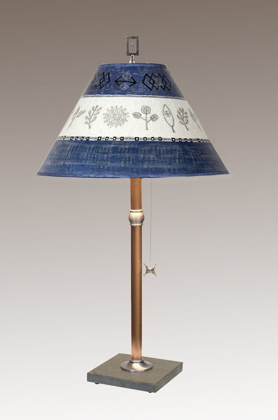 Copper Table Lamp with Medium Conical Shade in Woven &amp; Sprig in Sapphire