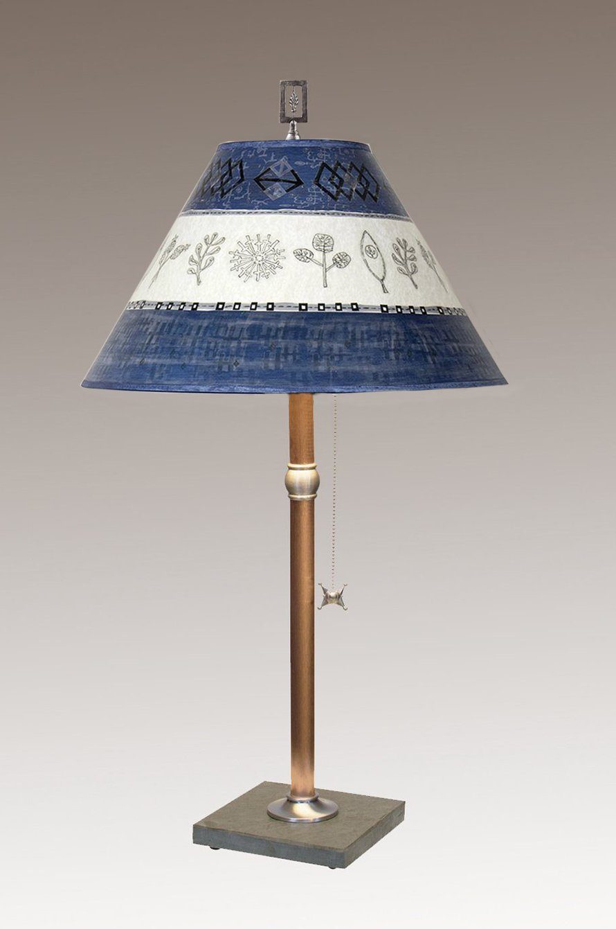 Janna Ugone & Co Table Lamps Copper Table Lamp with Medium Conical Shade in Woven & Sprig in Sapphire
