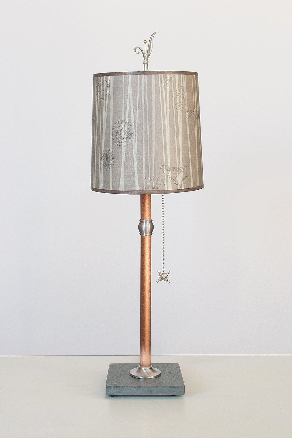 Copper Table Lamp with Medium Drum Shade in Birch Lines