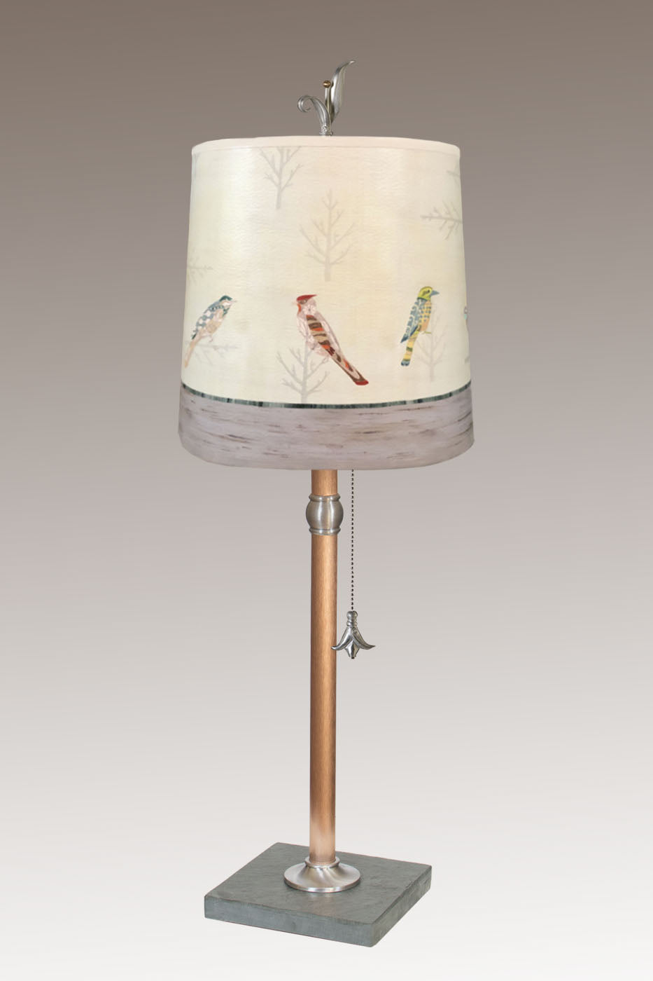 Janna Ugone &amp; Co Table Lamps Copper Table Lamp with Medium Drum Shade in Bird Friends