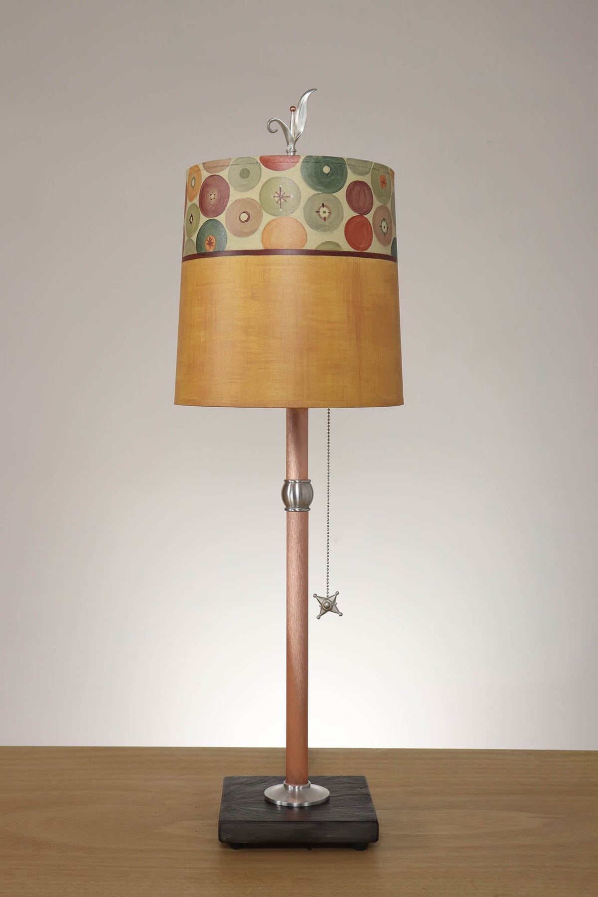 Janna Ugone &amp; Co Table Lamp Copper Table Lamp with Medium Drum Shade in Button Collage in Spice Linen