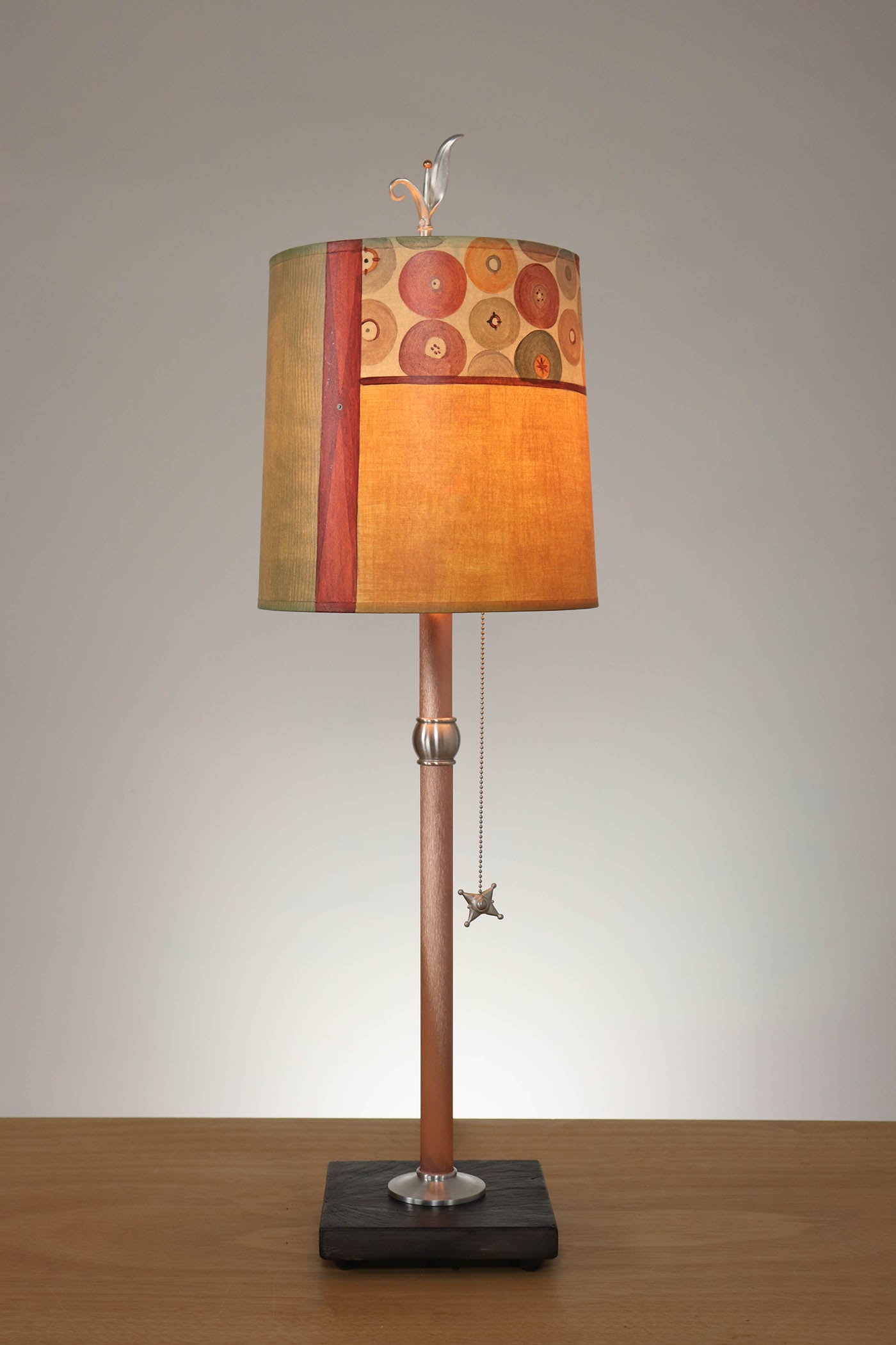 Janna Ugone & Co Table Lamp Copper Table Lamp with Medium Drum Shade in Button Collage in Spice Linen