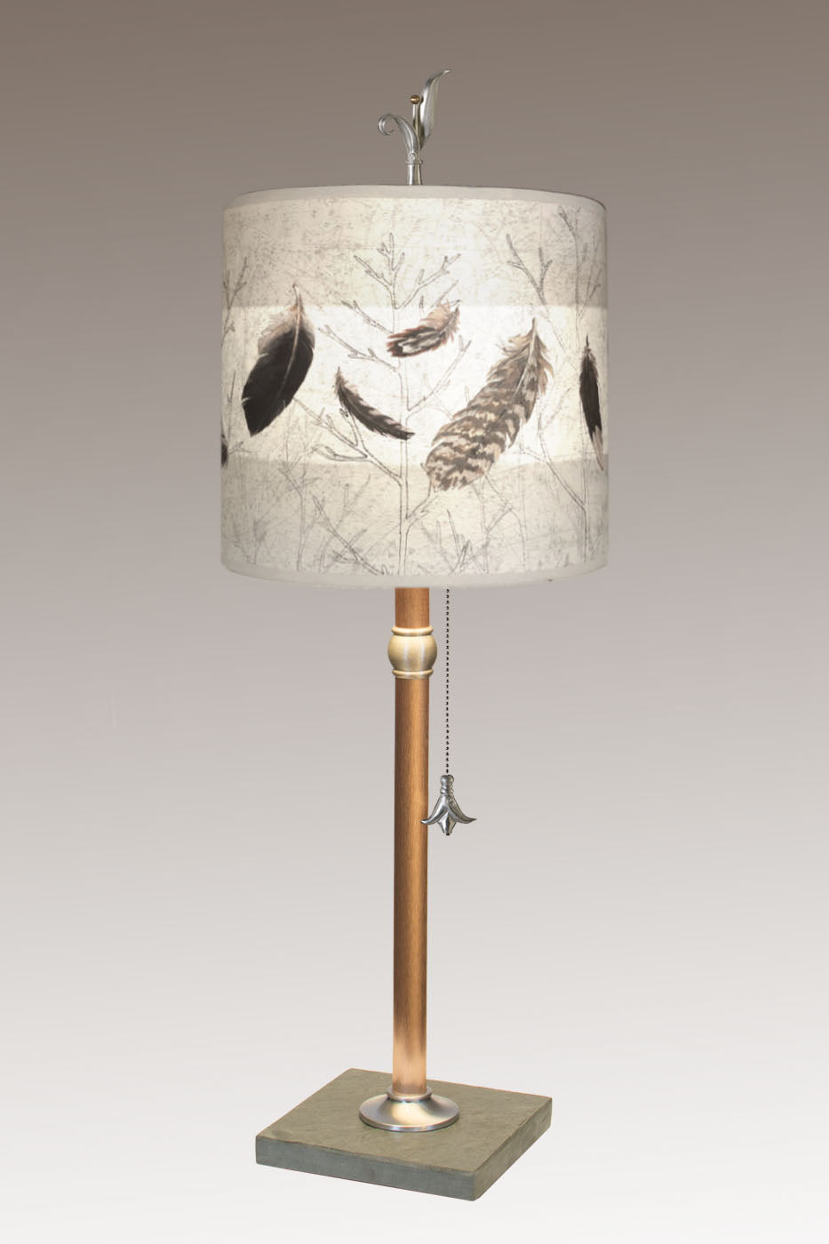Janna Ugone &amp; Co Table Lamps Copper Table Lamp with Medium Drum Shade in Feathers in Pebble