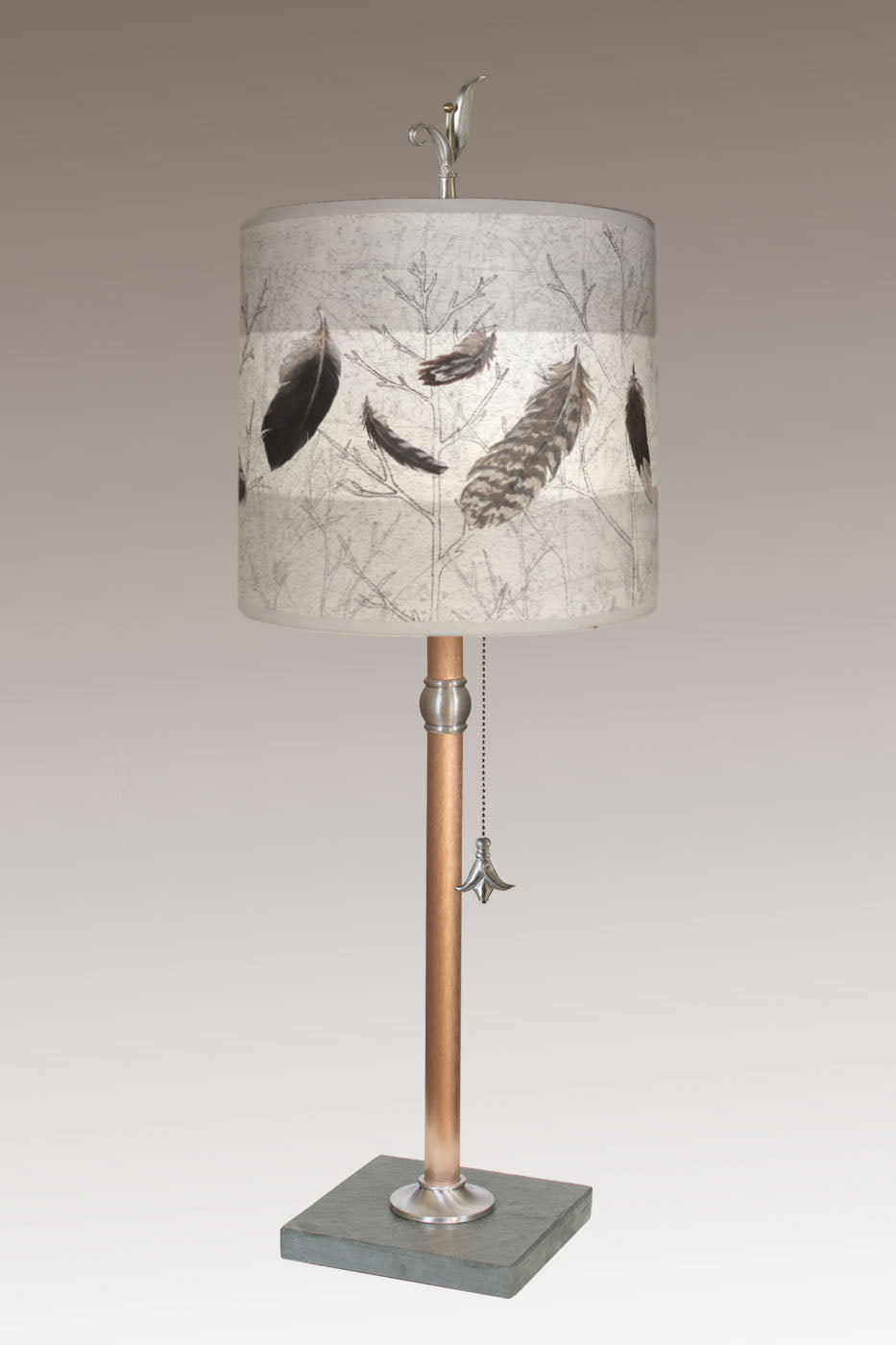 Copper Table Lamp with Medium Drum Shade in Feathers in Pebble