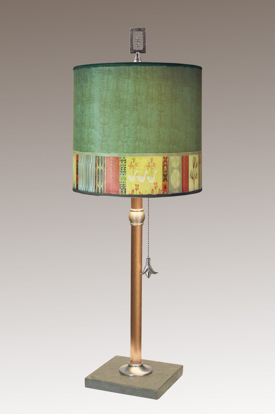 Copper Table Lamp with Medium Drum Shade in Melody in Jade