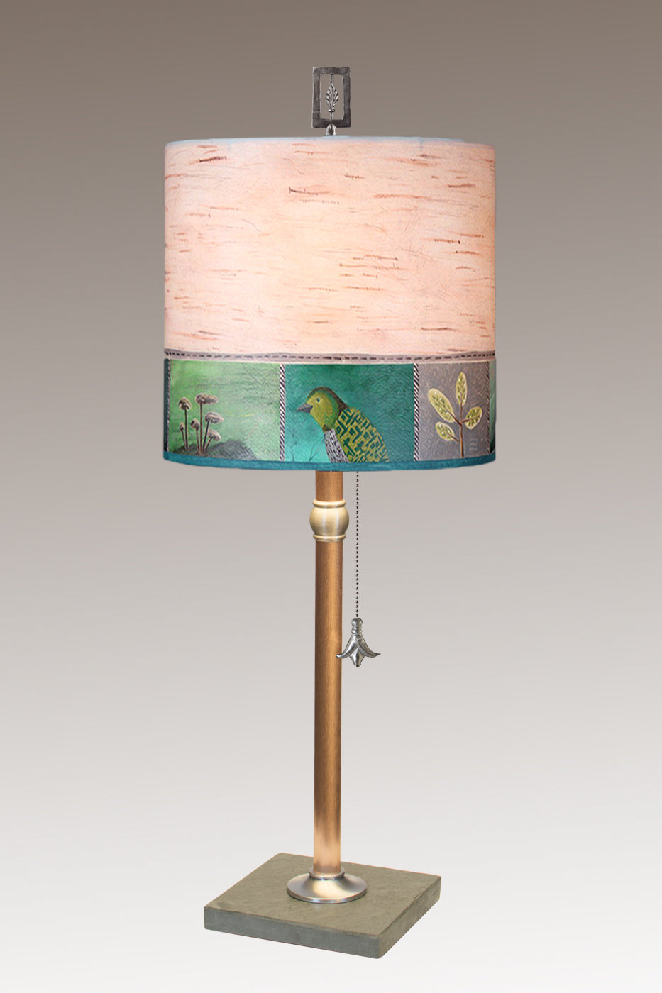 Copper Table Lamp with Medium Drum Shade in Woodland Trails in Birch