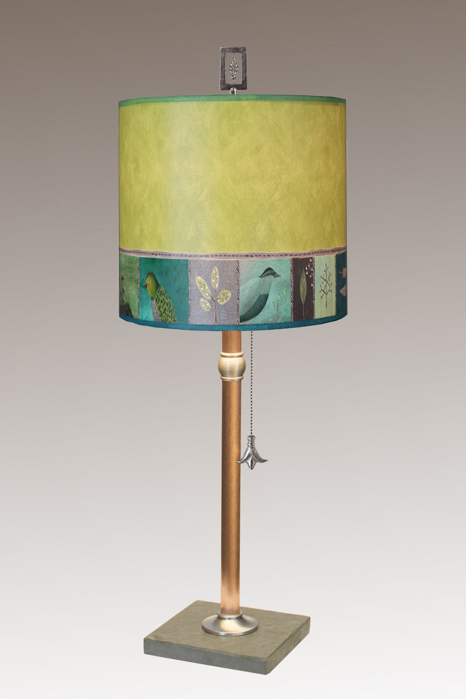 Copper Table Lamp with Medium Drum Shade in Woodland Trails in Leaf