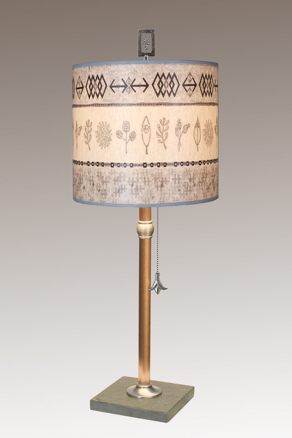 Janna Ugone &amp; Co Table Lamps Copper Table Lamp with Medium Drum Shade in Woven &amp; Sprig in Mist