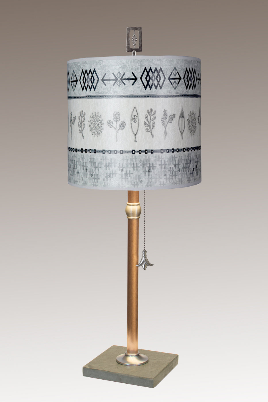 Janna Ugone &amp; Co Table Lamps Copper Table Lamp with Medium Drum Shade in Woven &amp; Sprig in Mist