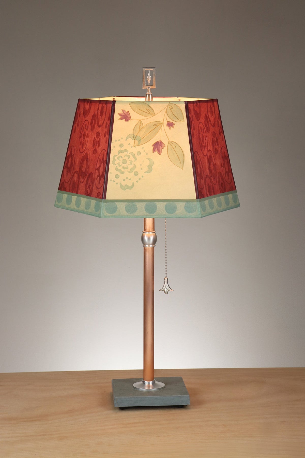 Janna Ugone &amp; Co Floor Lamps Copper Table Lamp with Medium Hexagonal Shade in Circle Medley in Wine