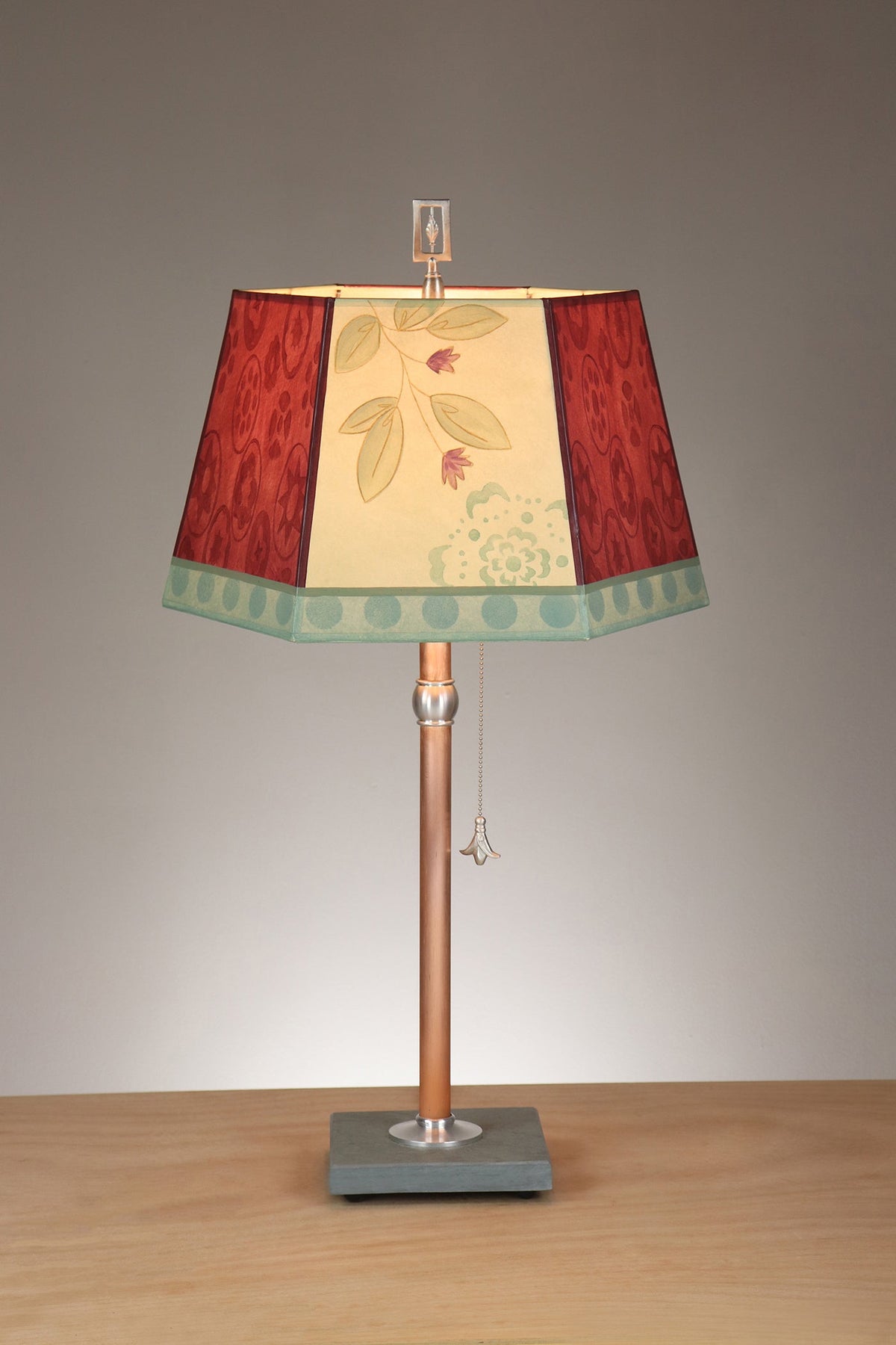 Janna Ugone &amp; Co Floor Lamps Copper Table Lamp with Medium Hexagonal Shade in Circle Medley in Wine