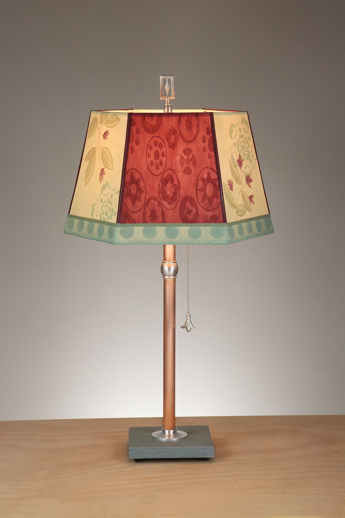 Janna Ugone &amp; Co Floor Lamps Copper Table Lamp with Medium Hexagonal Shade in Circle Medley in Wine