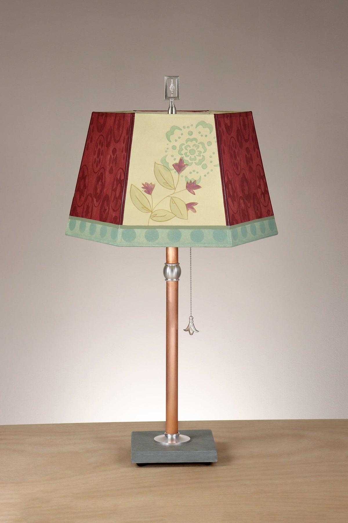 Janna Ugone &amp; Co Floor Lamps Copper Table Lamp with Medium Hexagonal Shade in Circle Medley in Wine