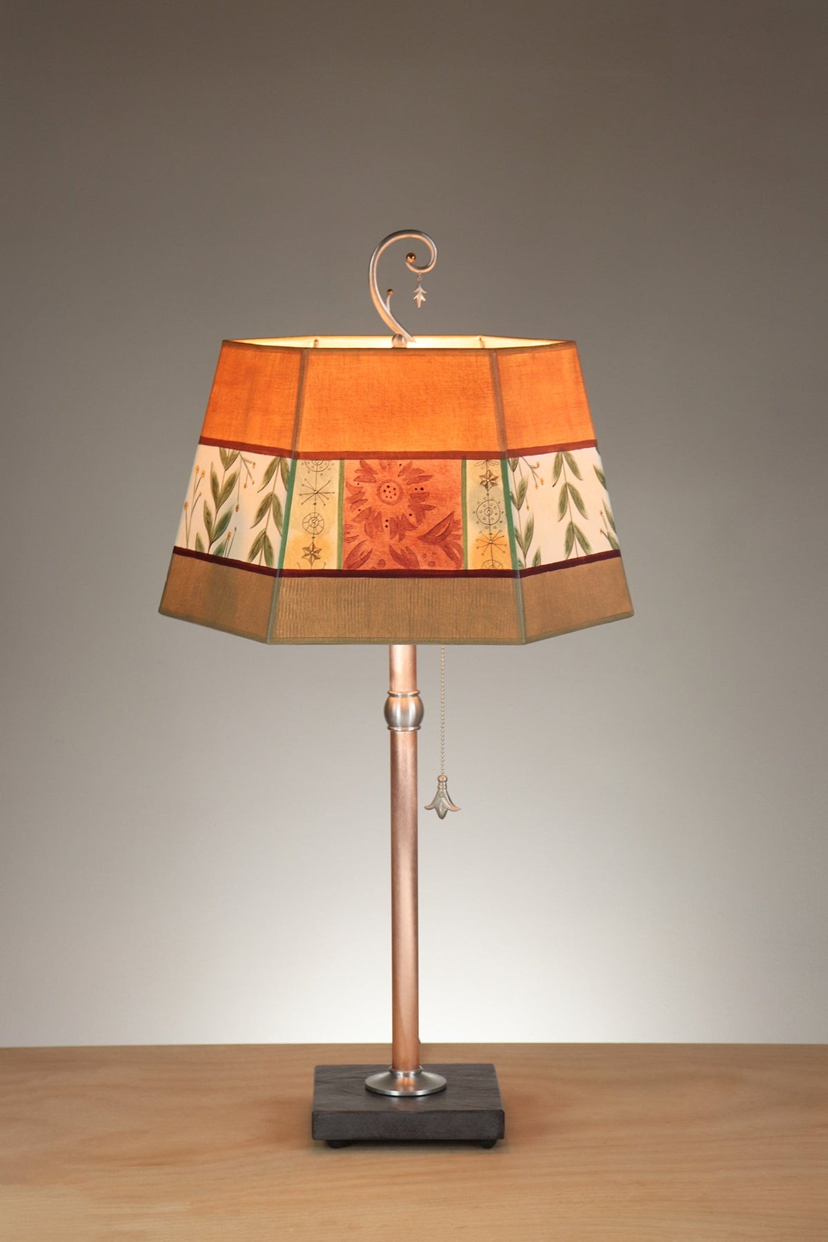 Janna Ugone &amp; Co Floor Lamps Copper Table Lamp with Medium Hexagonal Shade in Spring Medley in Spice