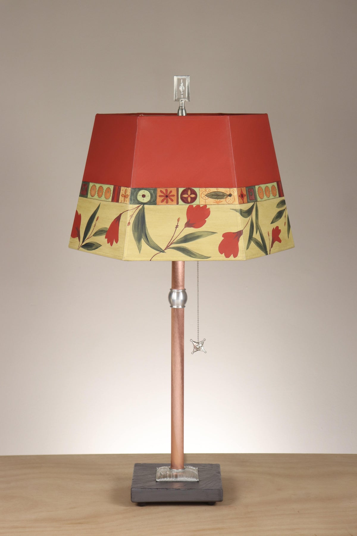 Janna Ugone &amp; Co Floor Lamps Copper Table Lamp with Medium Hexagonal Shade in Windflower in Poppy