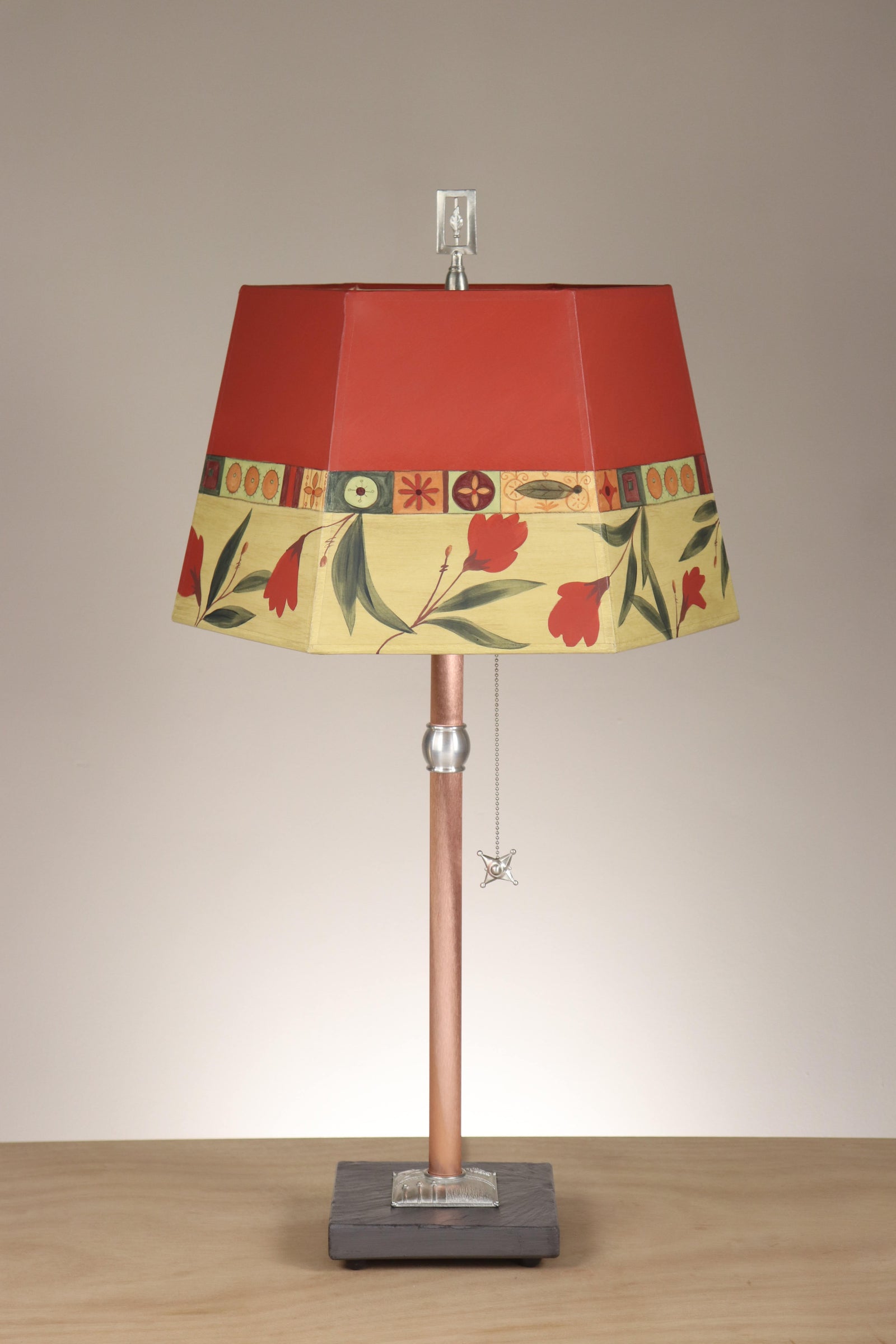 Janna Ugone & Co Floor Lamps Copper Table Lamp with Medium Hexagonal Shade in Windflower in Poppy