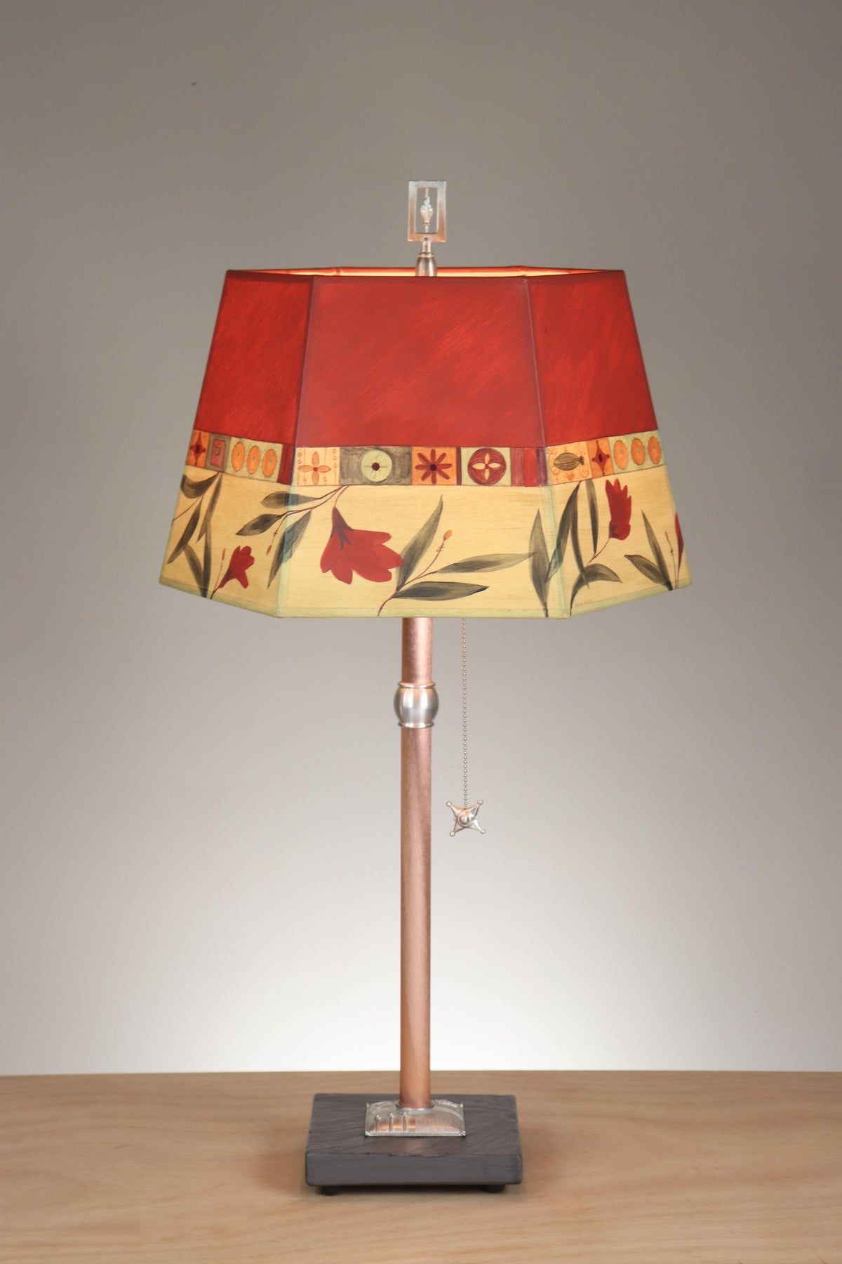 Janna Ugone &amp; Co Floor Lamps Copper Table Lamp with Medium Hexagonal Shade in Windflower in Poppy