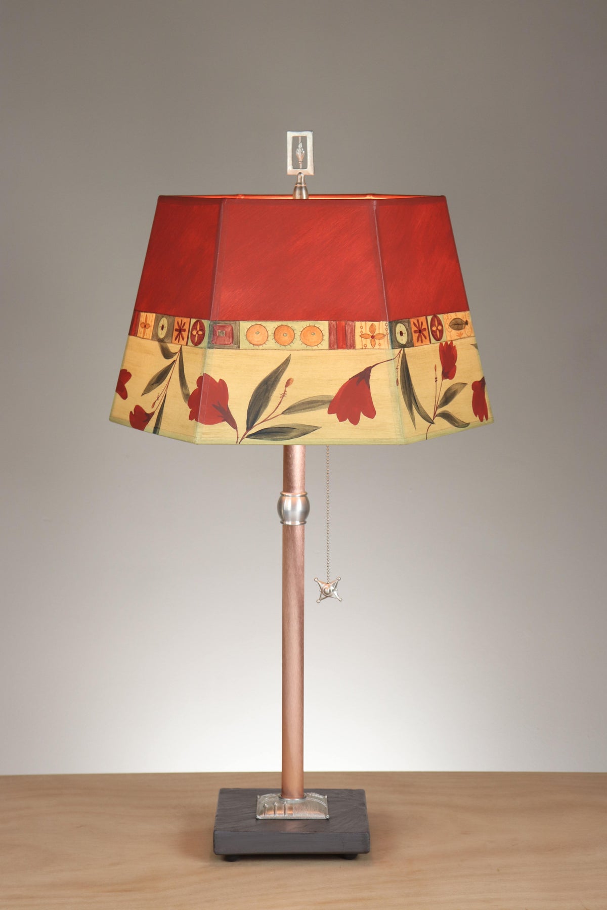Janna Ugone &amp; Co Floor Lamps Copper Table Lamp with Medium Hexagonal Shade in Windflower in Poppy