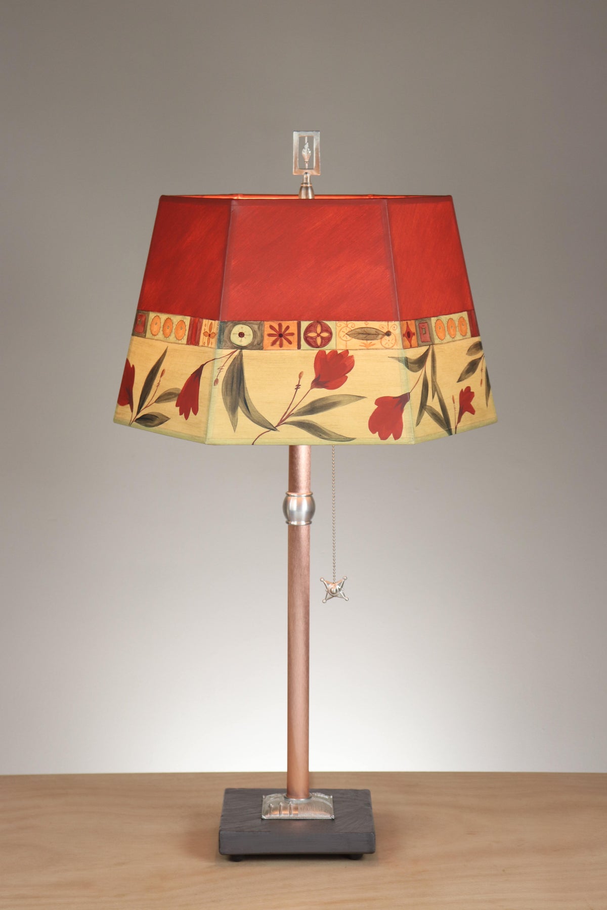 Janna Ugone &amp; Co Floor Lamps Copper Table Lamp with Medium Hexagonal Shade in Windflower in Poppy