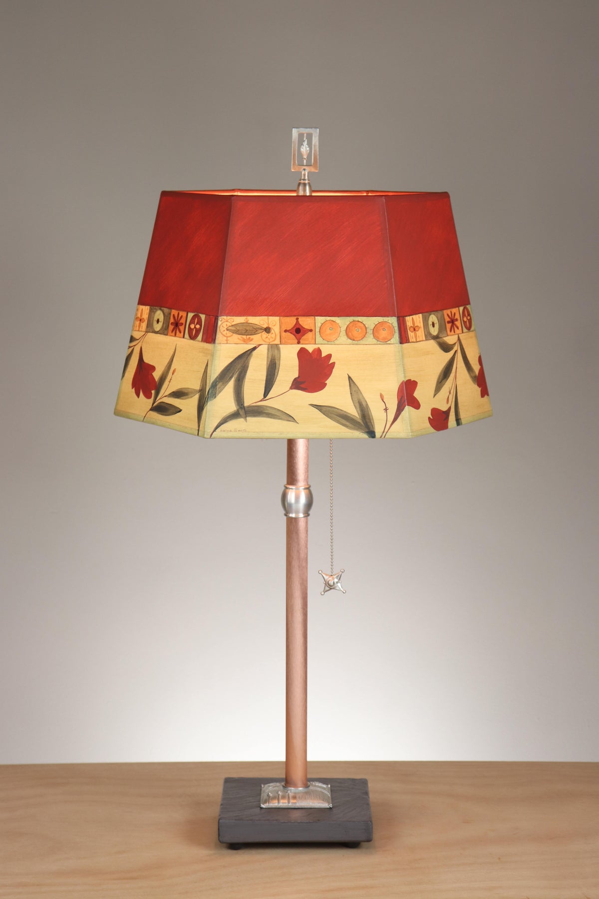Janna Ugone &amp; Co Floor Lamps Copper Table Lamp with Medium Hexagonal Shade in Windflower in Poppy