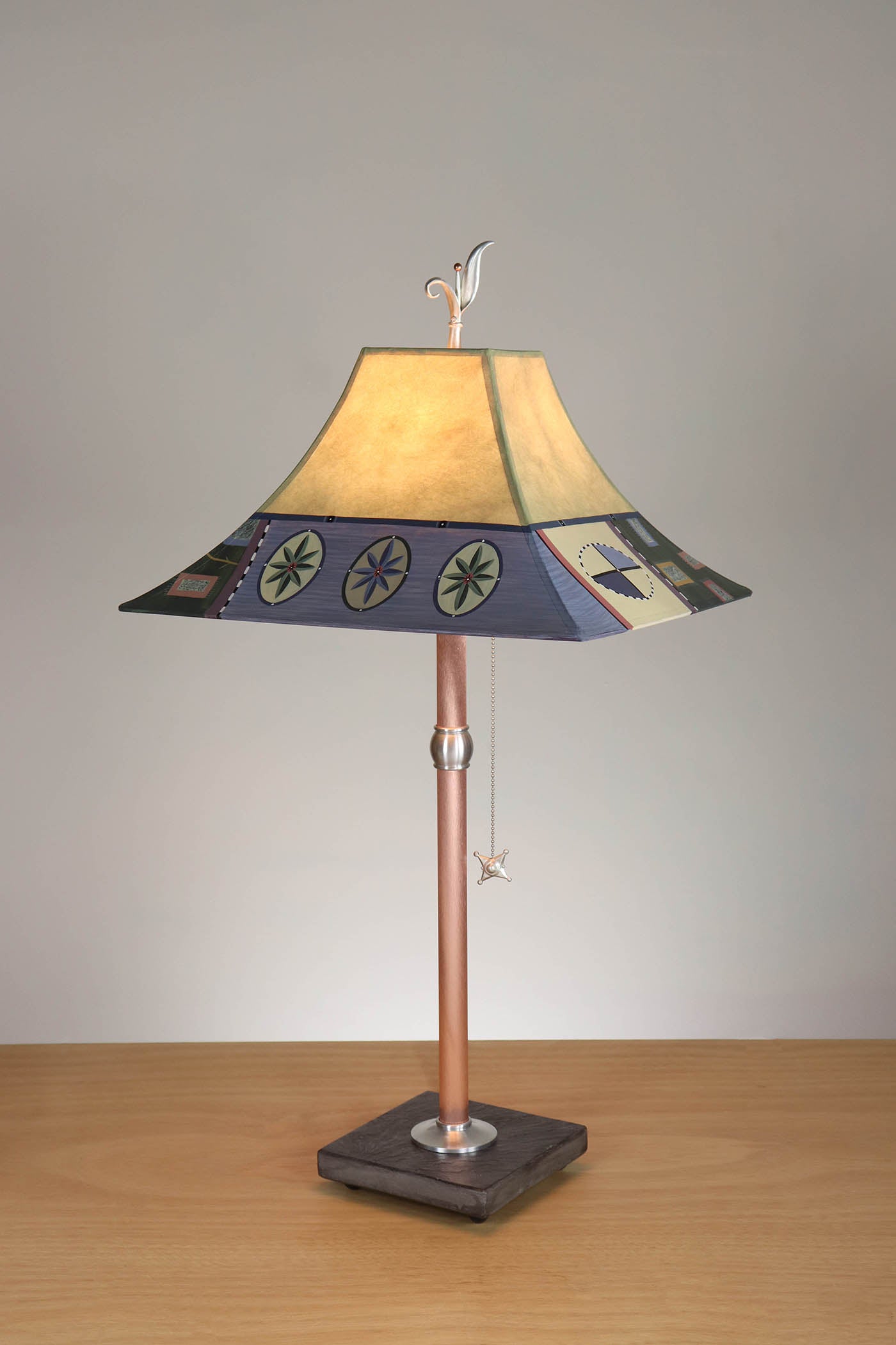 Janna Ugone & Co Table Lamp Copper Table Lamp with Medium Pagoda Shade in Barcelona Border in Dusty Lime
