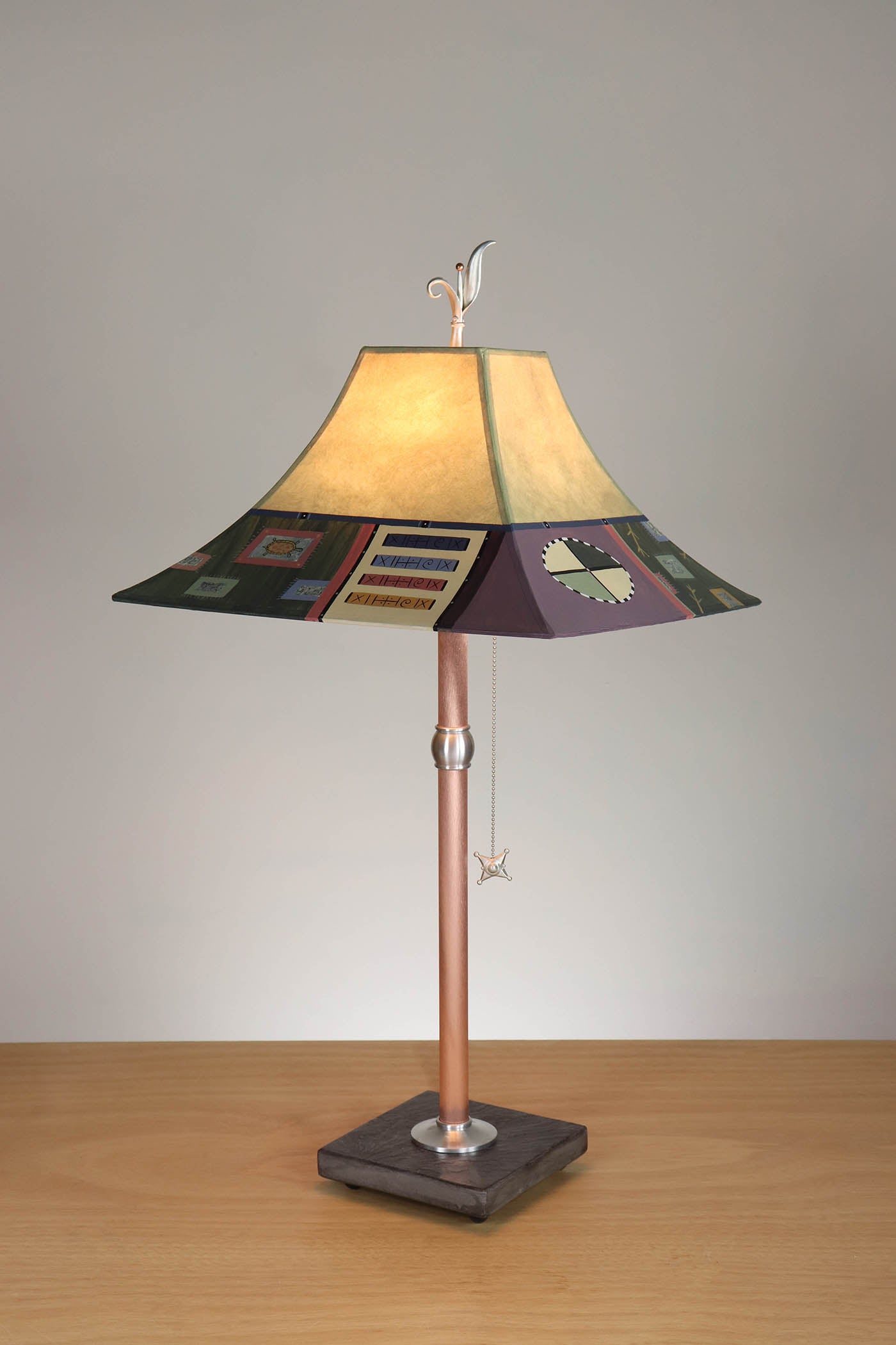 Janna Ugone & Co Table Lamp Copper Table Lamp with Medium Pagoda Shade in Barcelona Border in Dusty Lime