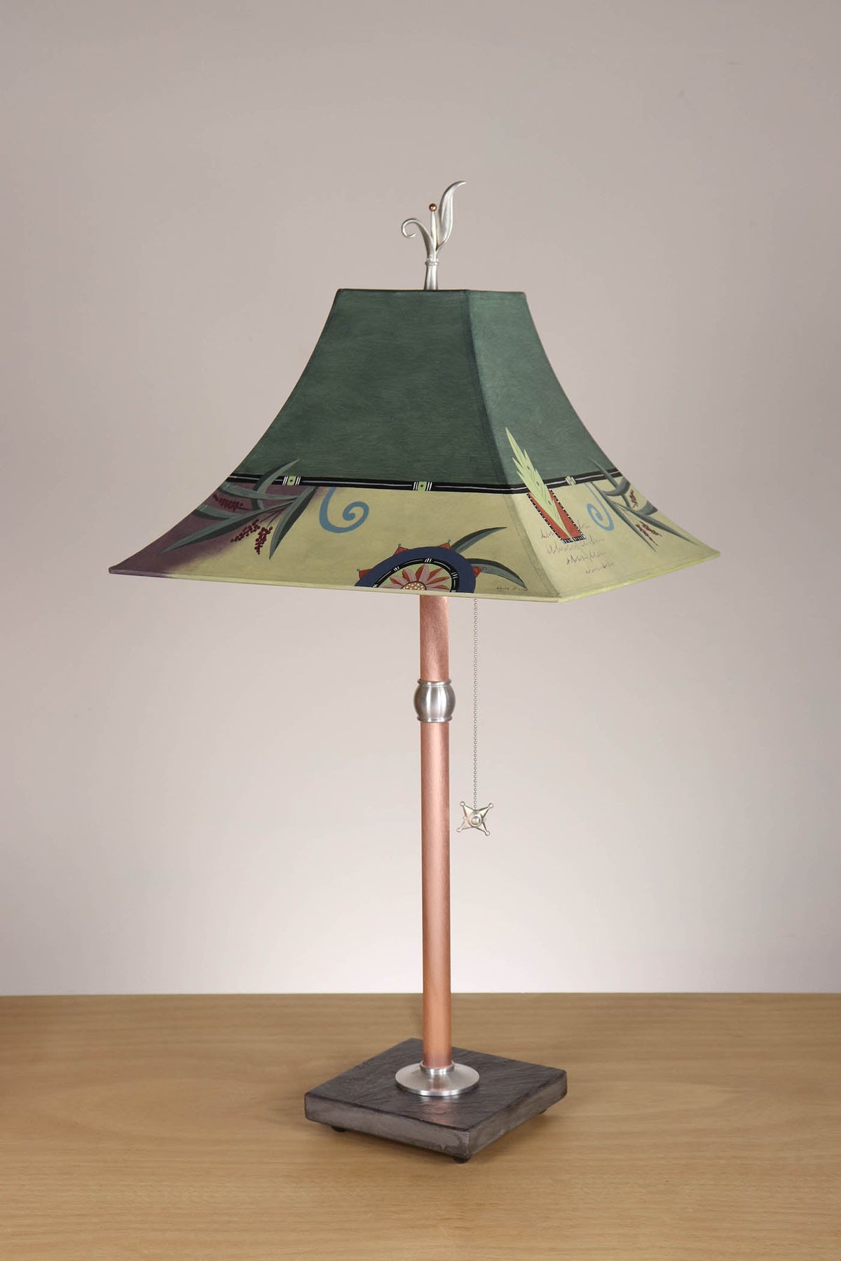 Janna Ugone &amp; Co Table Lamp Copper Table Lamp with Medium Pagoda Shade in Capri Border in Hunter