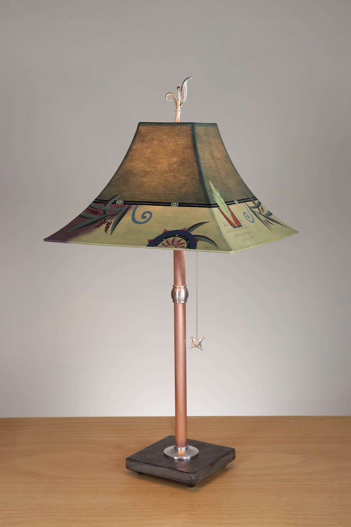 Janna Ugone &amp; Co Table Lamp Copper Table Lamp with Medium Pagoda Shade in Capri Border in Hunter