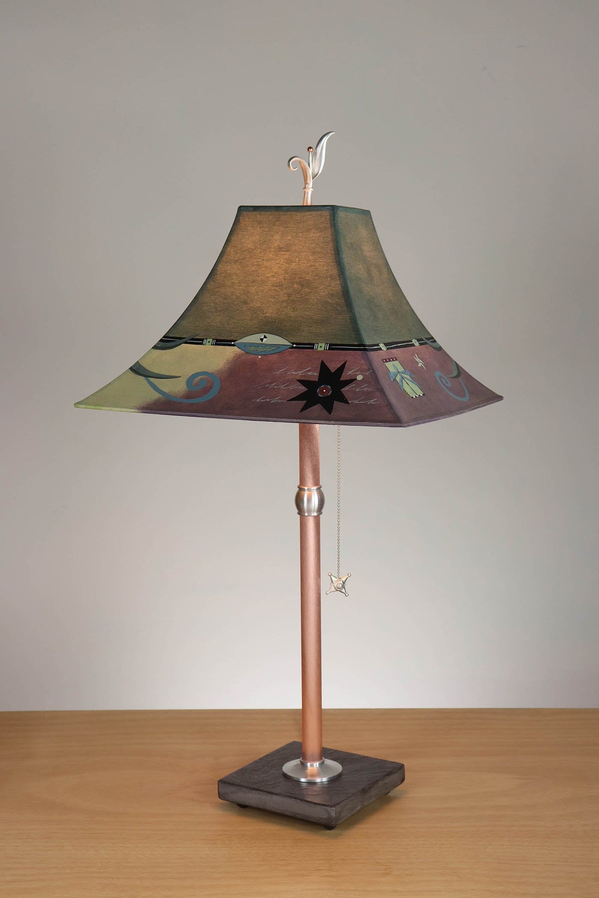 Janna Ugone &amp; Co Table Lamp Copper Table Lamp with Medium Pagoda Shade in Capri Border in Hunter