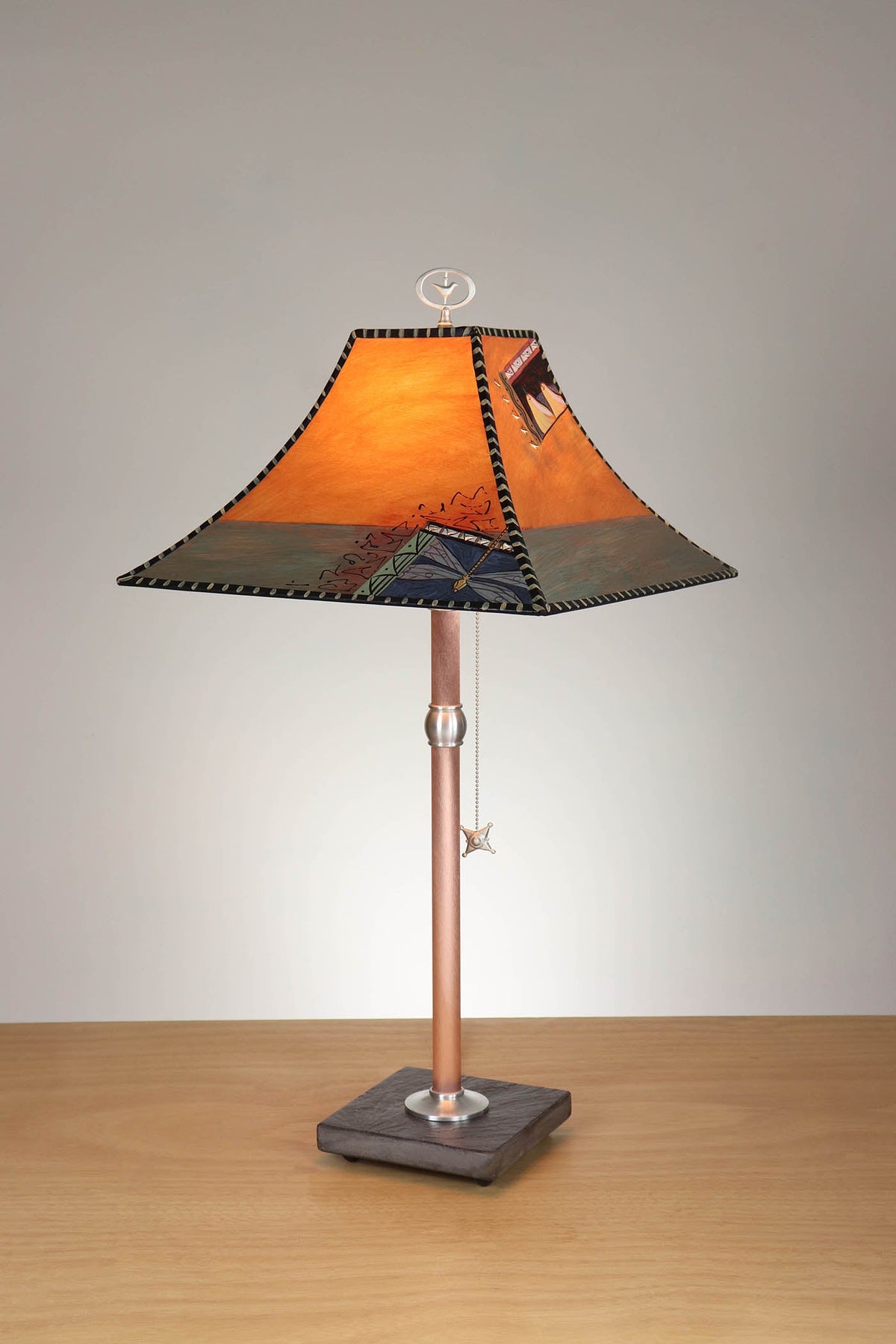 Janna Ugone &amp; Co Table Lamp Copper Table Lamp with Medium Pagoda Shade in Inset Paintings