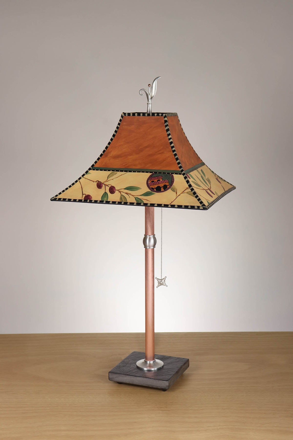 Janna Ugone &amp; Co Table Lamp Copper Table Lamp with Medium Pagoda Shade in Olive Coin in Rust