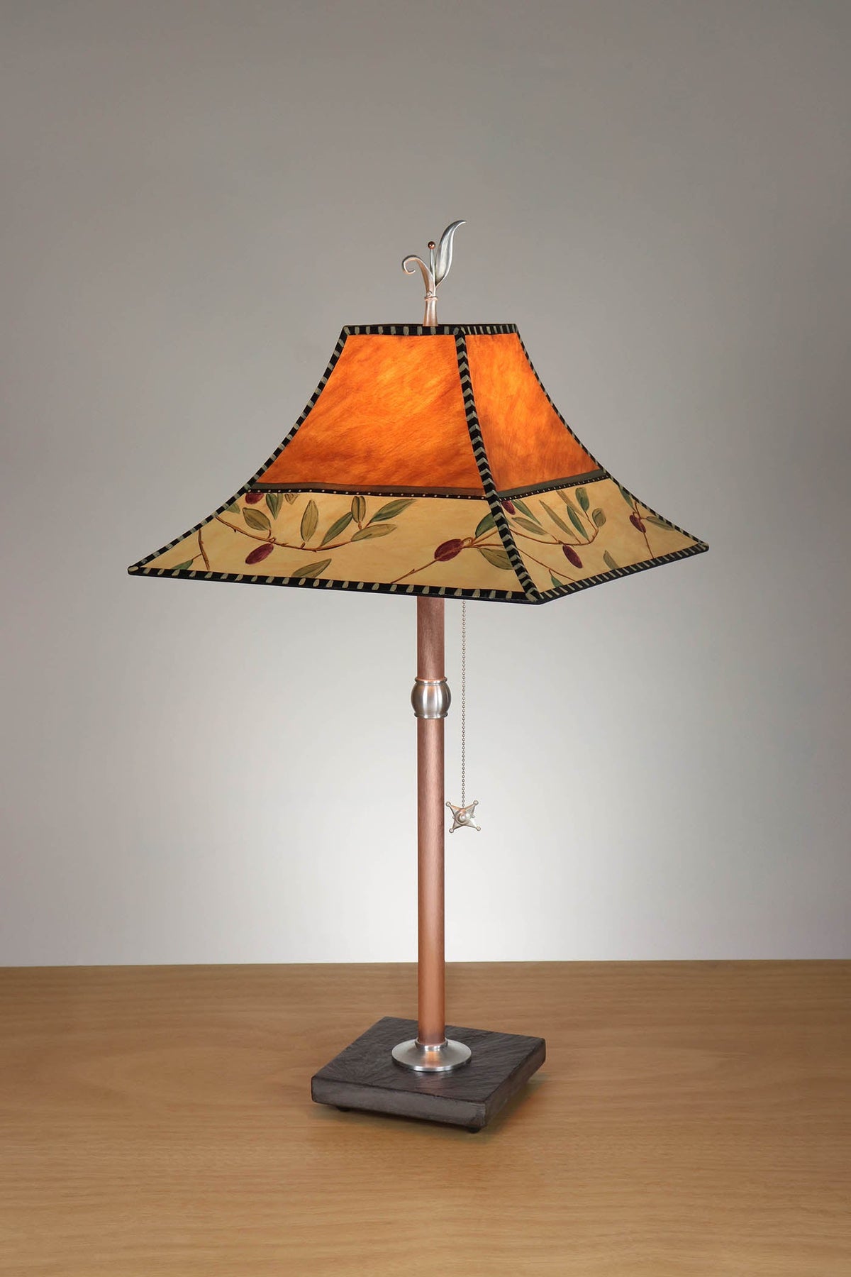 Janna Ugone &amp; Co Table Lamp Copper Table Lamp with Medium Pagoda Shade in Olive Coin in Rust