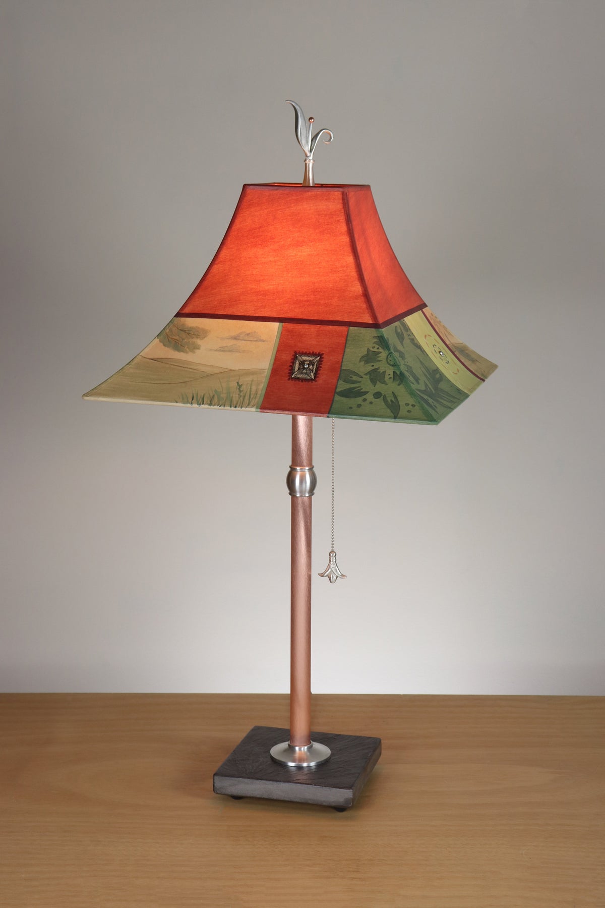 Janna Ugone &amp; Co Table Lamp Copper Table Lamp with Medium Pagoda Shade in Prima Border in Redwood