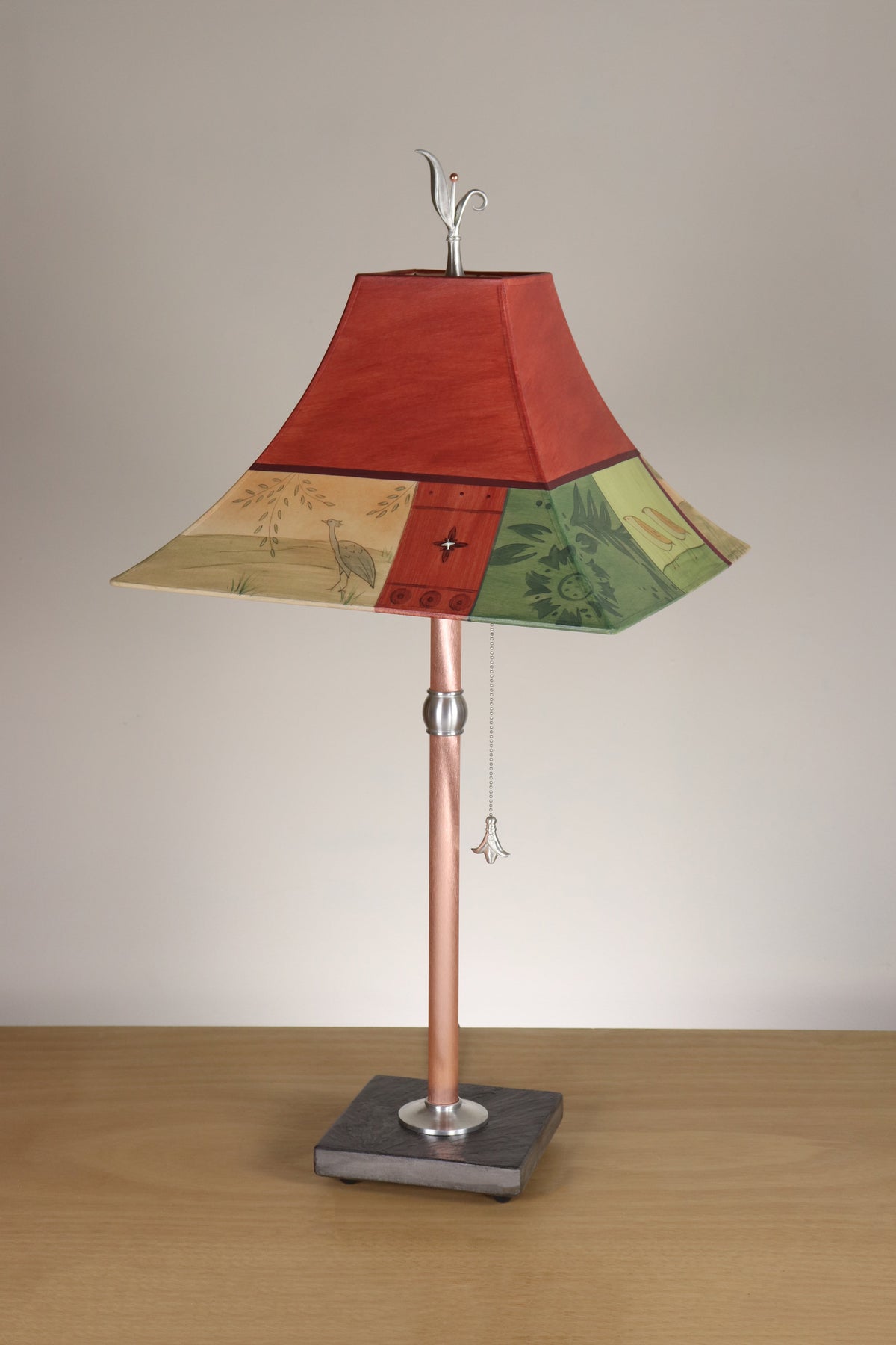 Janna Ugone &amp; Co Table Lamp Copper Table Lamp with Medium Pagoda Shade in Prima Border in Redwood