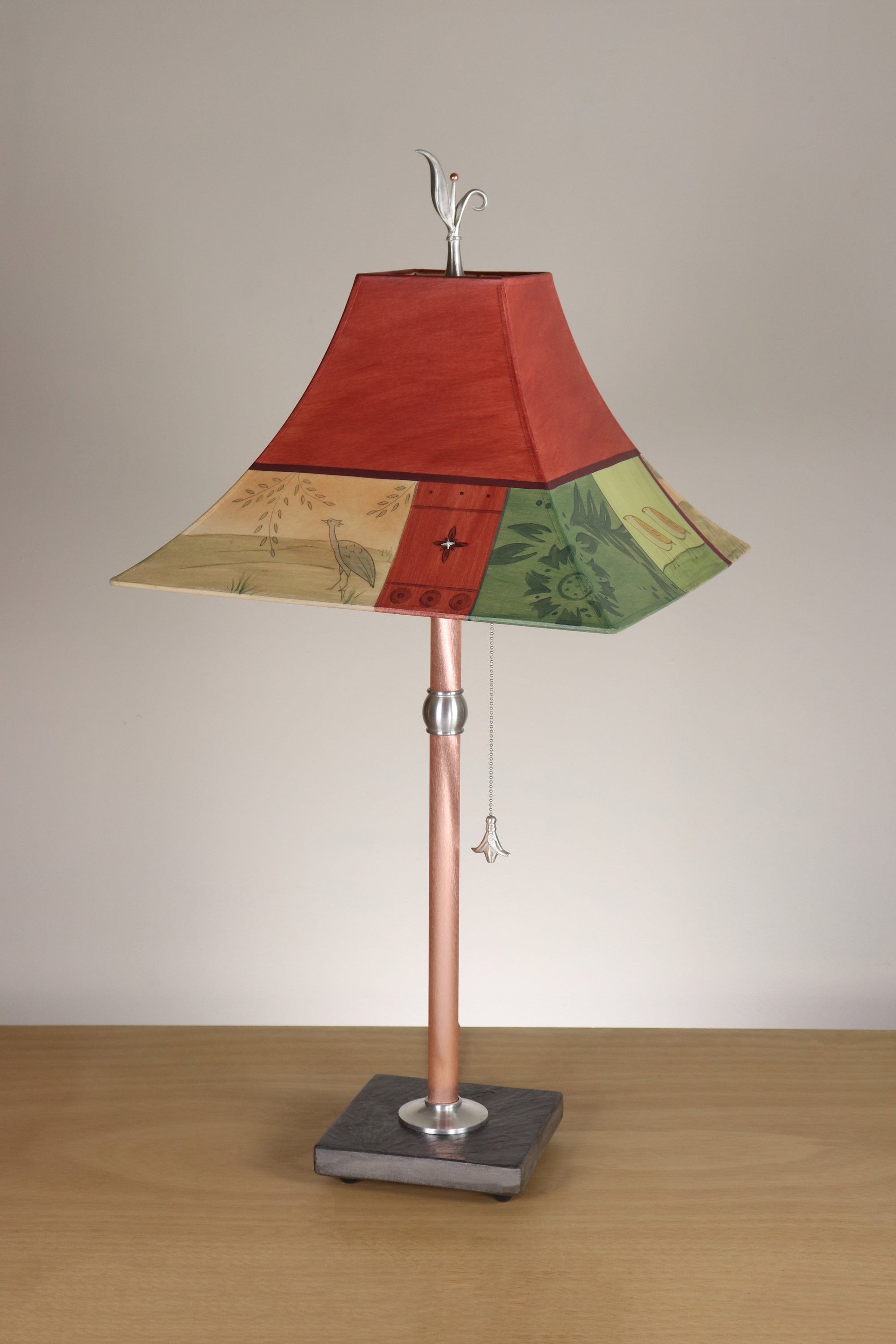 Janna Ugone & Co Table Lamp Copper Table Lamp with Medium Pagoda Shade in Prima Border in Redwood