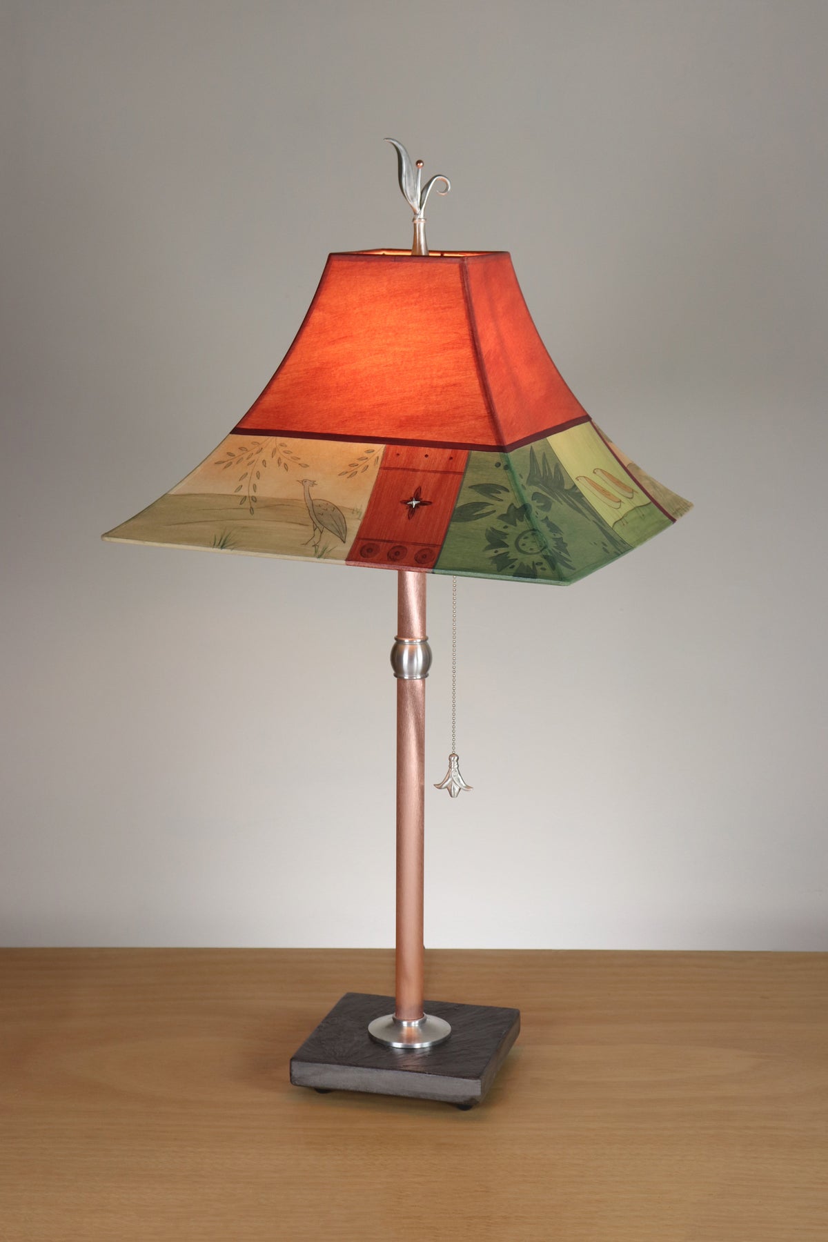 Janna Ugone &amp; Co Table Lamp Copper Table Lamp with Medium Pagoda Shade in Prima Border in Redwood