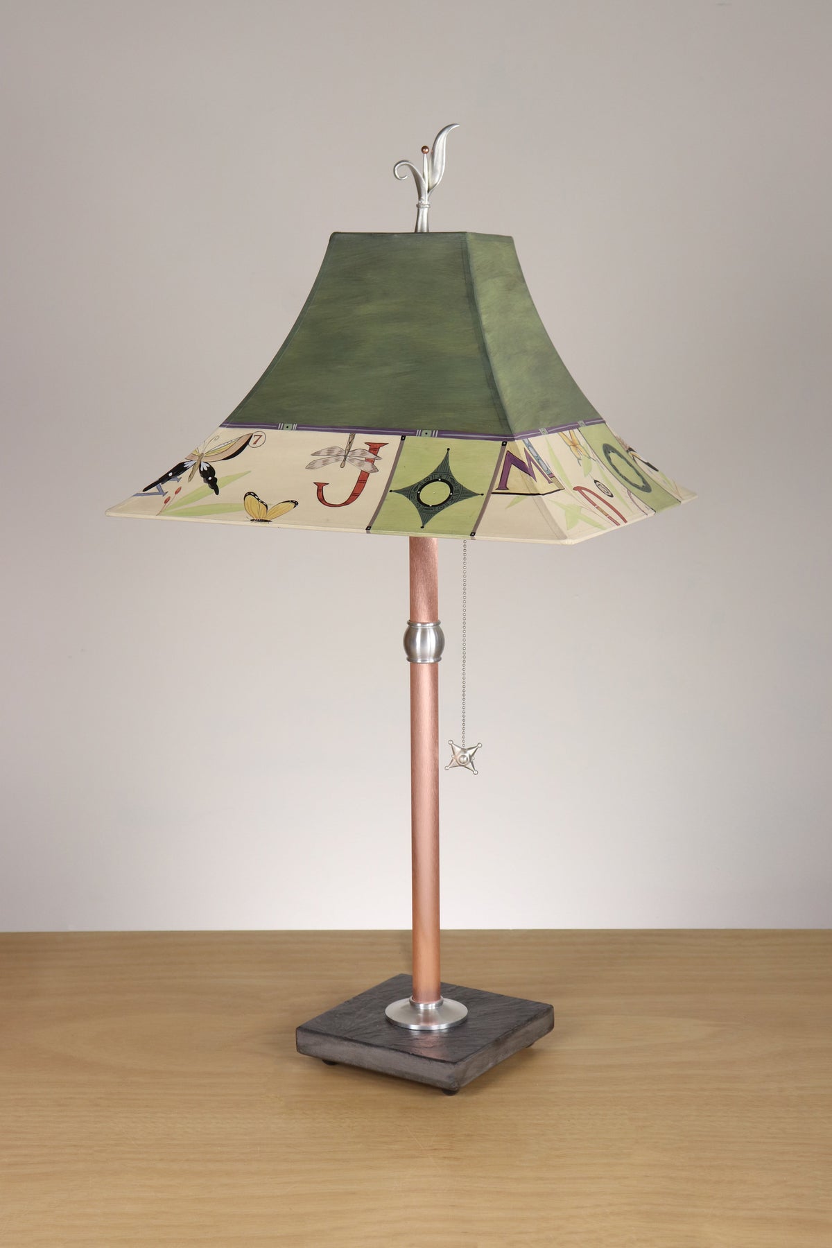 Janna Ugone &amp; Co Table Lamp Copper Table Lamp with Medium Pagoda Shade in Typography in Olive